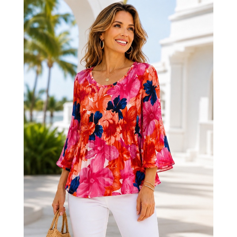 Chloe+Rene Floral Plissé Babydoll Blouse Boho Festival Summer Beachy Resort Sz L